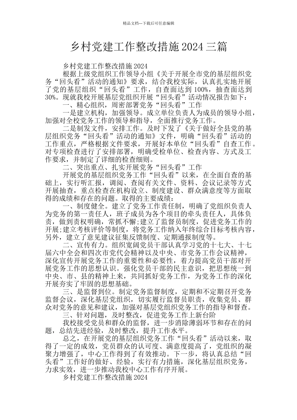 乡村党建工作整改措施2024三篇_第1页