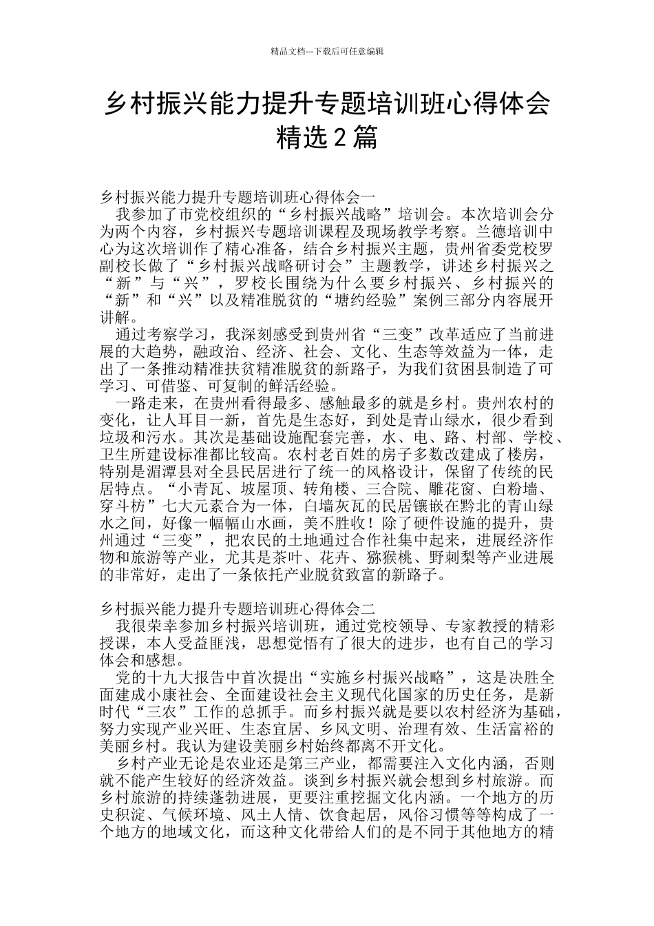 乡村振兴能力提升专题培训班心得体会精选2篇_第1页