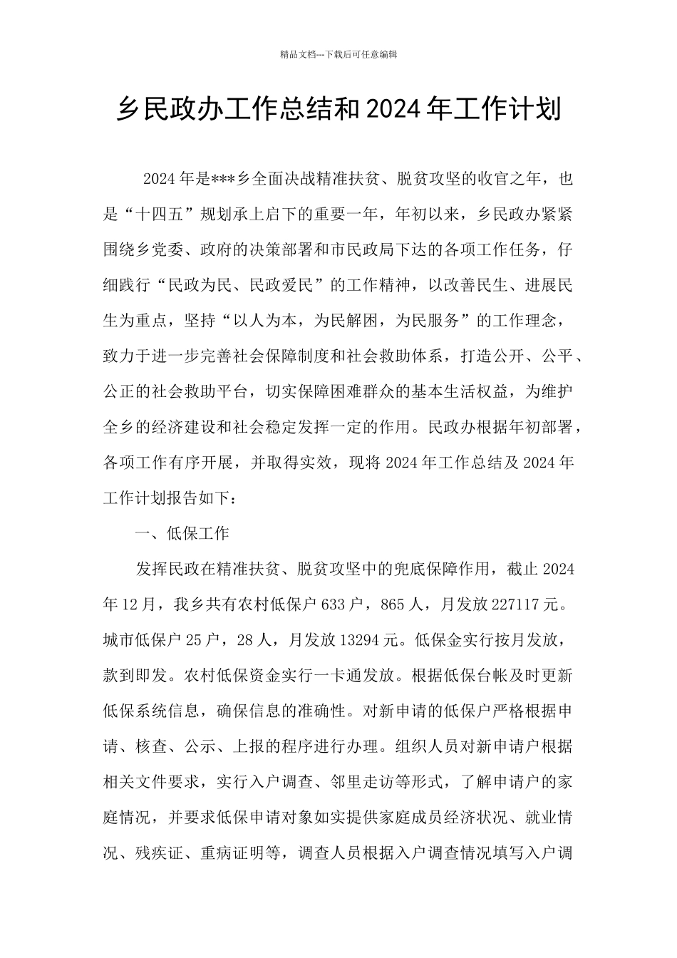 乡民政办工作总结和2024年工作计划_第1页