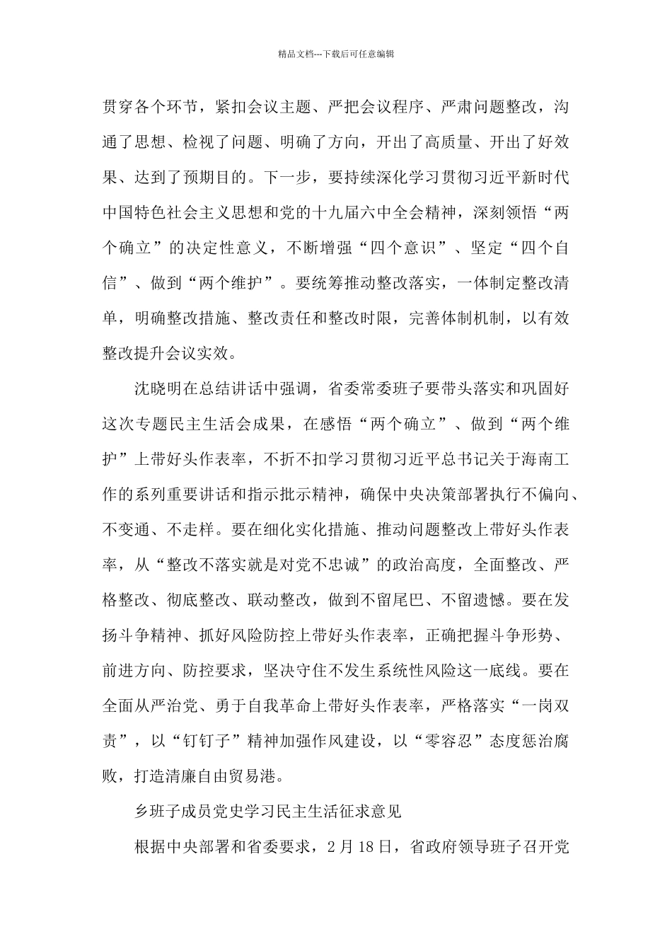 乡班子成员党史学习民主生活征求意见_第3页