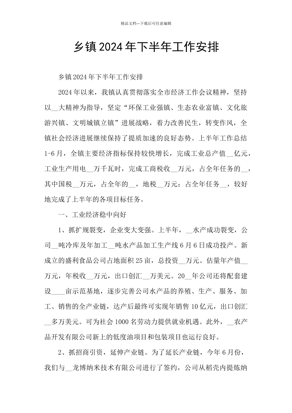 乡镇2024年下半年工作安排_第1页