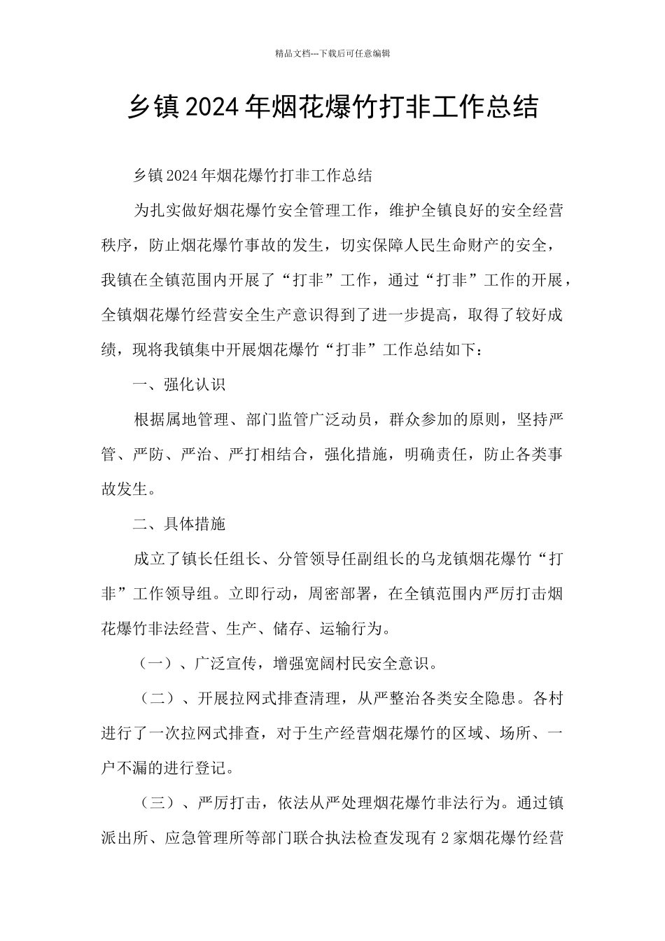 乡镇2024年烟花爆竹打非工作总结_第1页