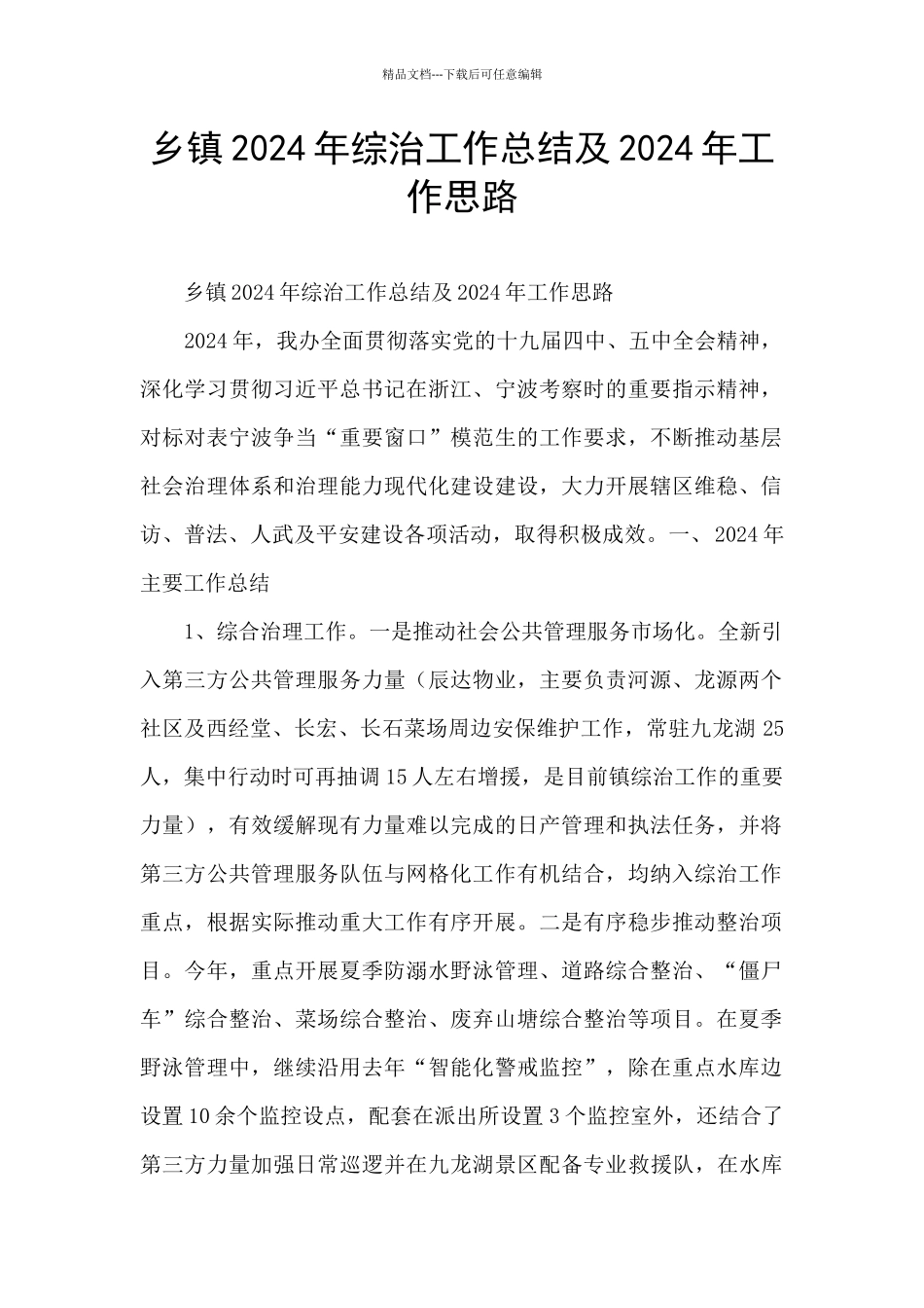 乡镇2024年综治工作总结及2024年工作思路_第1页