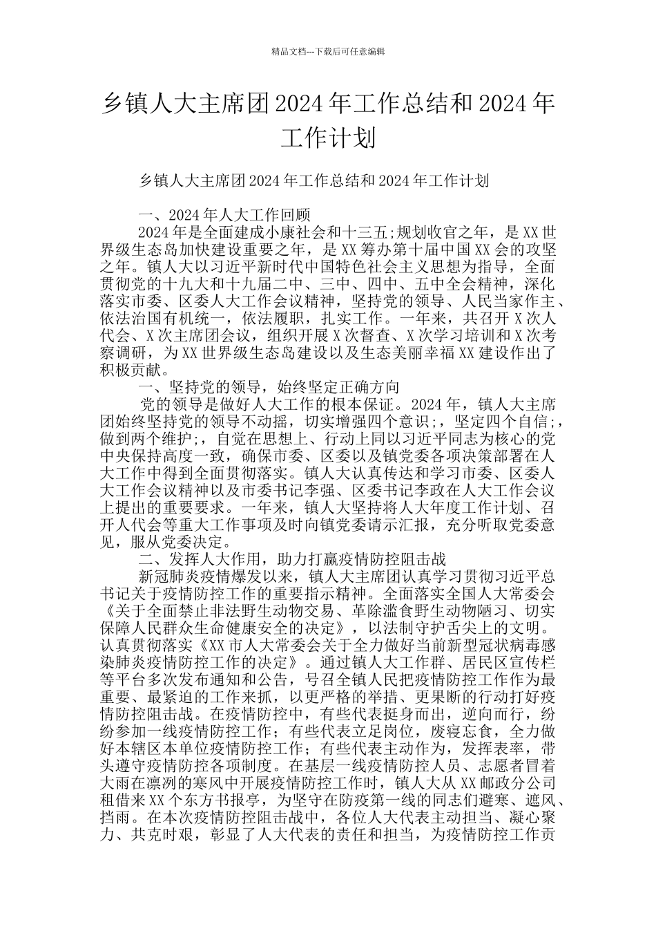 乡镇人大主席团2024年工作总结和2024年工作计划_第1页