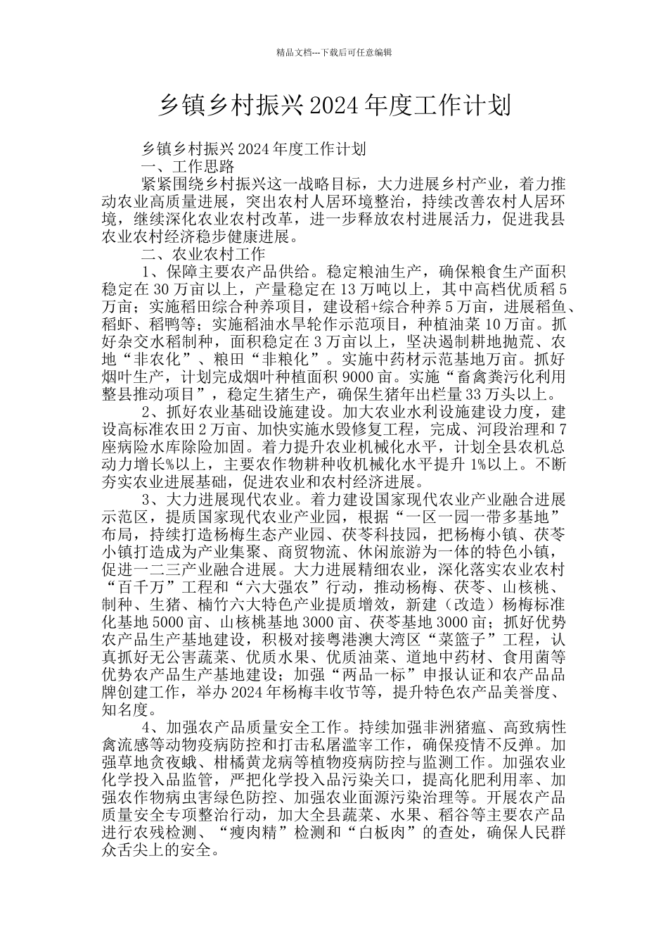 乡镇乡村振兴2024年度工作计划_第1页