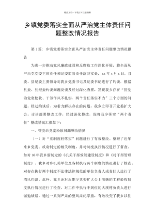 乡镇党委落实全面从严治党主体责任问题整改情况报告