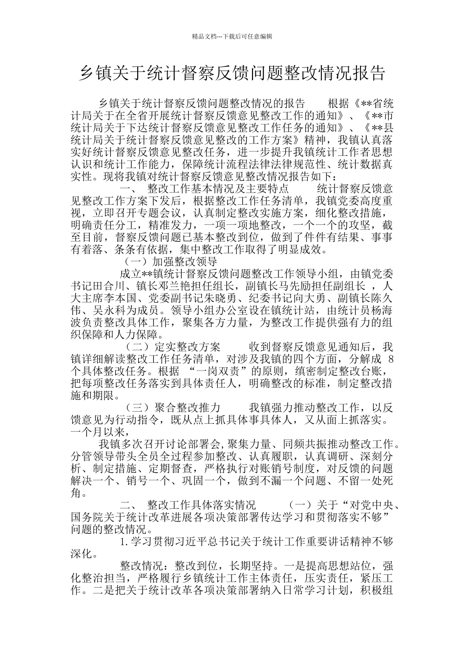 乡镇关于统计督察反馈问题整改情况报告_第1页