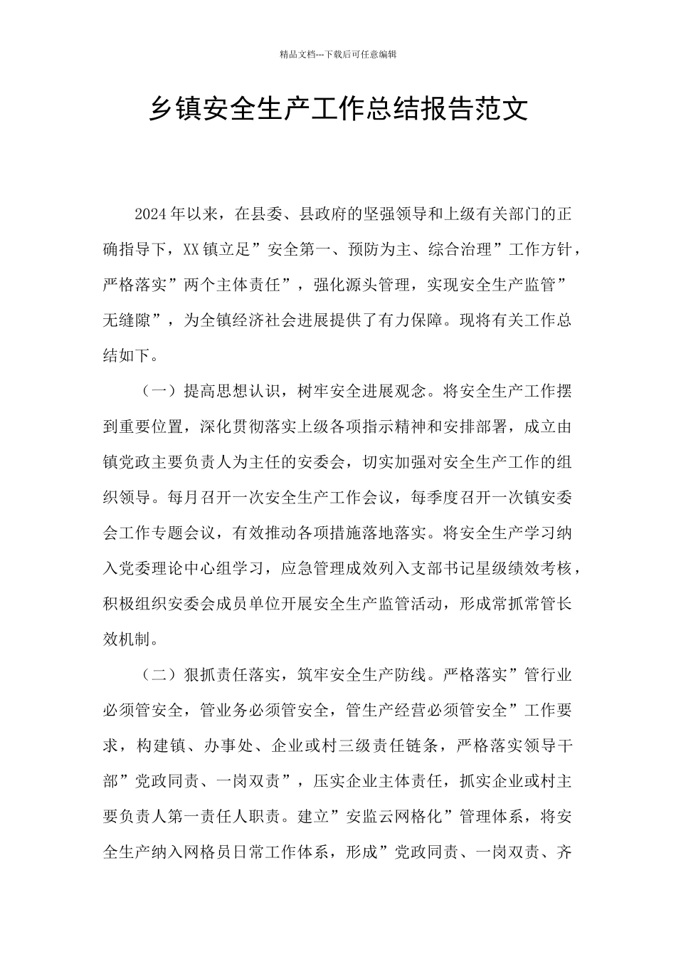 乡镇安全生产工作总结报告范文_第1页