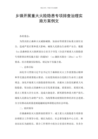 乡镇开展重大火险隐患专项排查治理实施方案例文