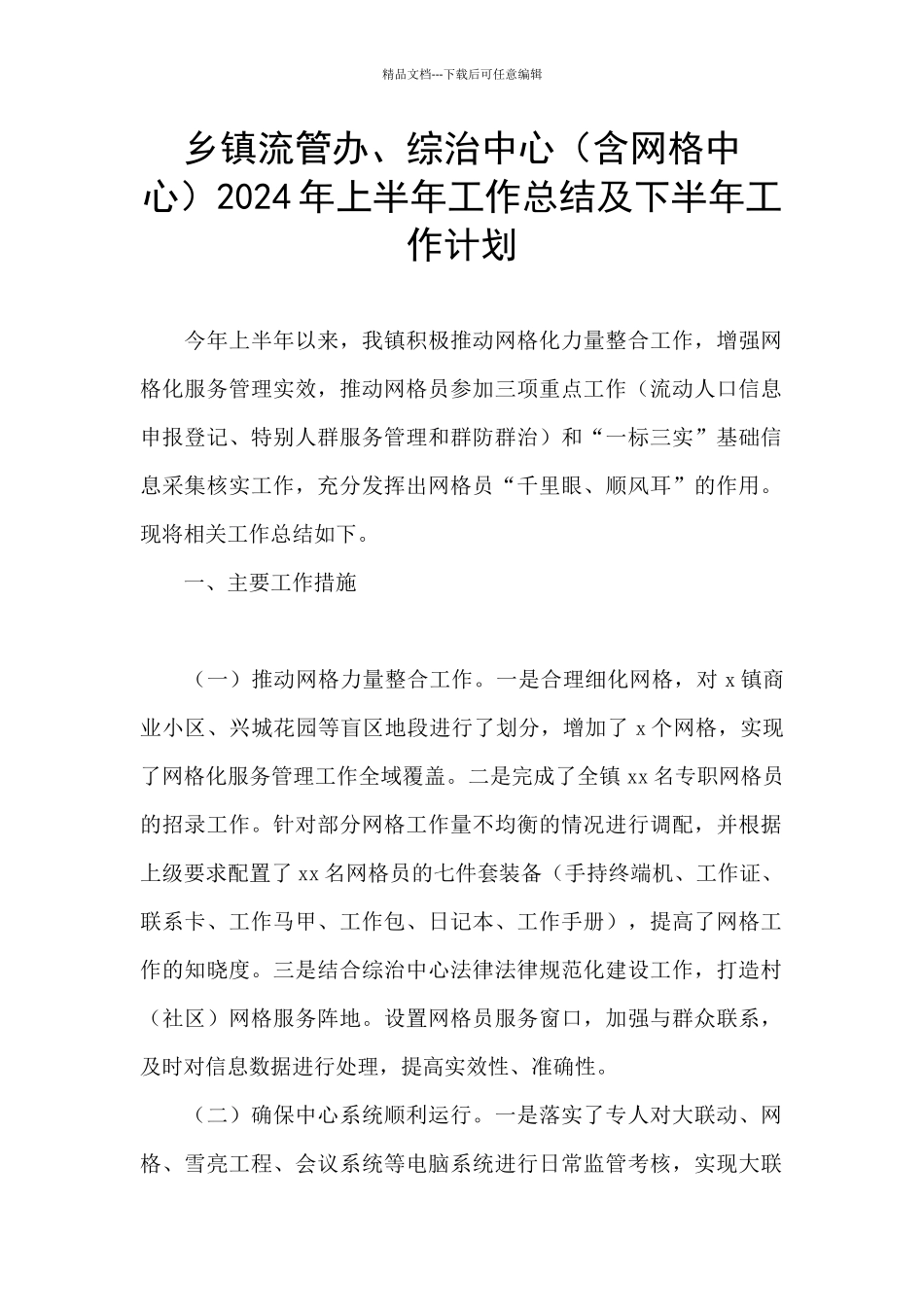 乡镇流管办、综治中心2024年上半年工作总结及下半年工作计划_第1页