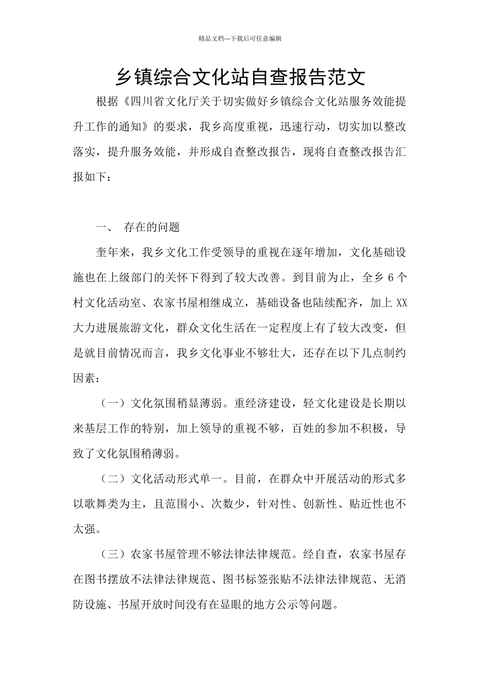 乡镇综合文化站自查报告范文_第1页