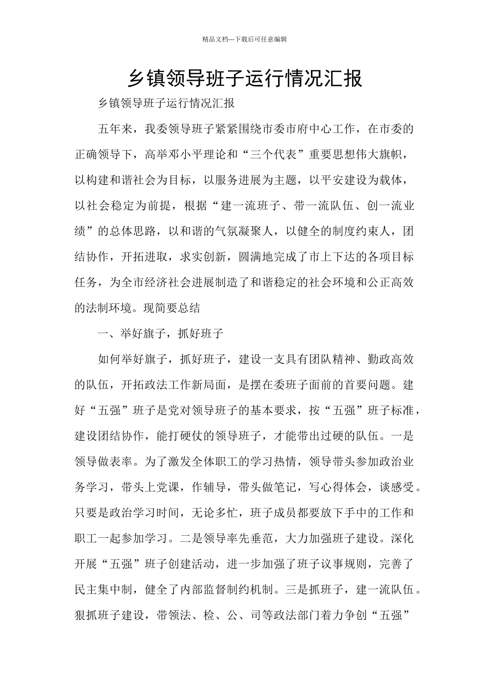 乡镇领导班子运行情况汇报_第1页