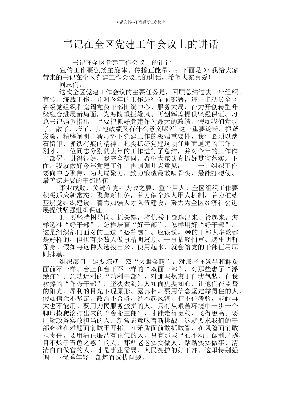 书记在全区党建工作会议上的讲话_第1页