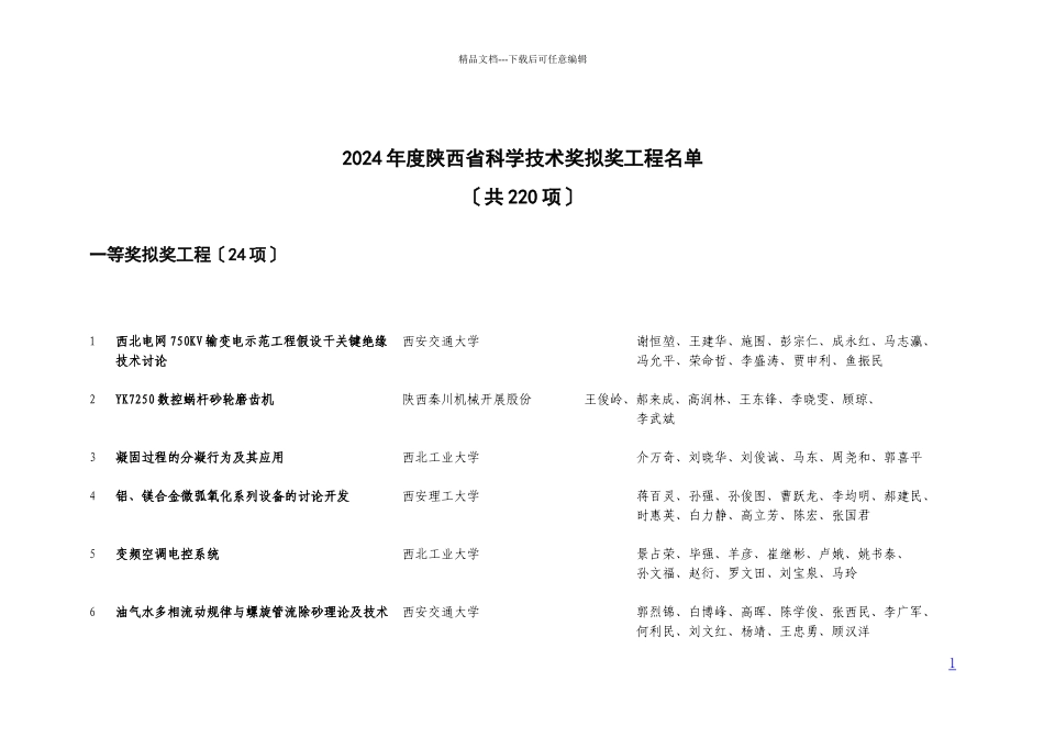 二三年度陕西省科学技术奖推荐项目汇总表_第1页
