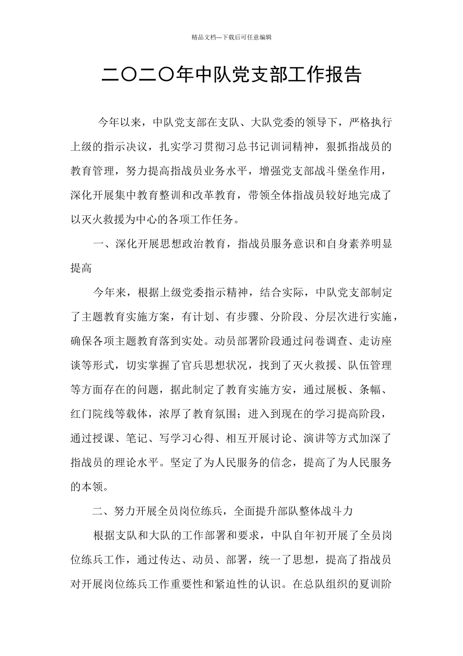 二〇二〇年中队党支部工作报告_第1页