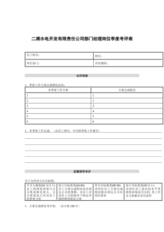 二滩水电开发有限责任公司部门经理岗位季度考评表
