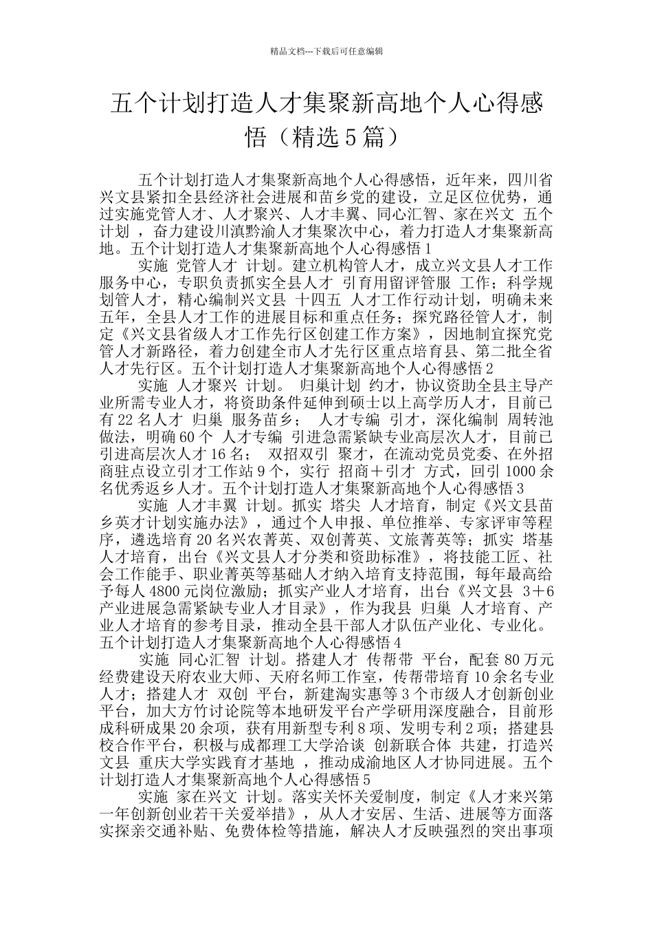 五个计划打造人才集聚新高地个人心得感悟_第1页