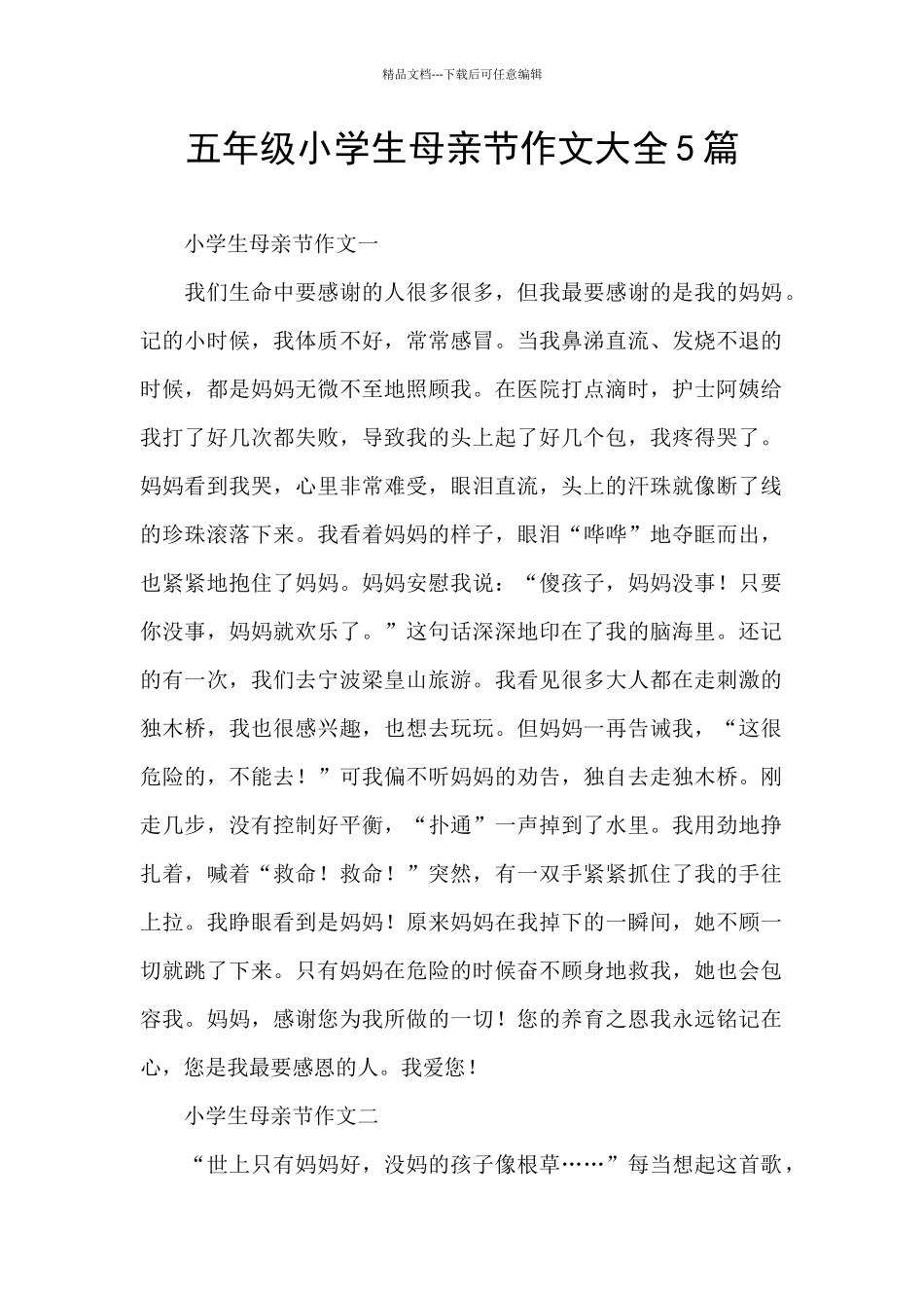 五年级小学生母亲节作文大全5篇_第1页