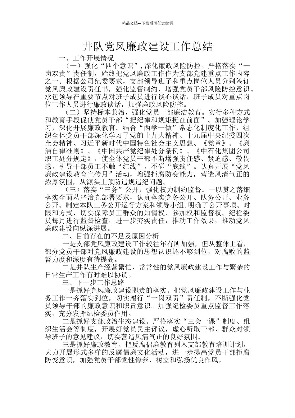 井队党风廉政建设工作总结_第1页
