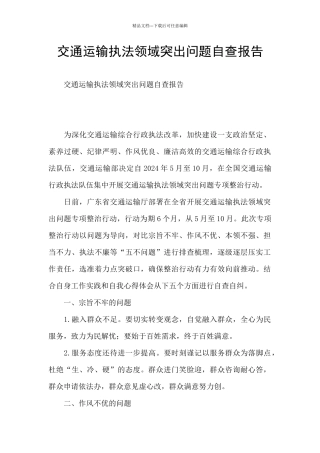 交通运输执法领域突出问题自查报告