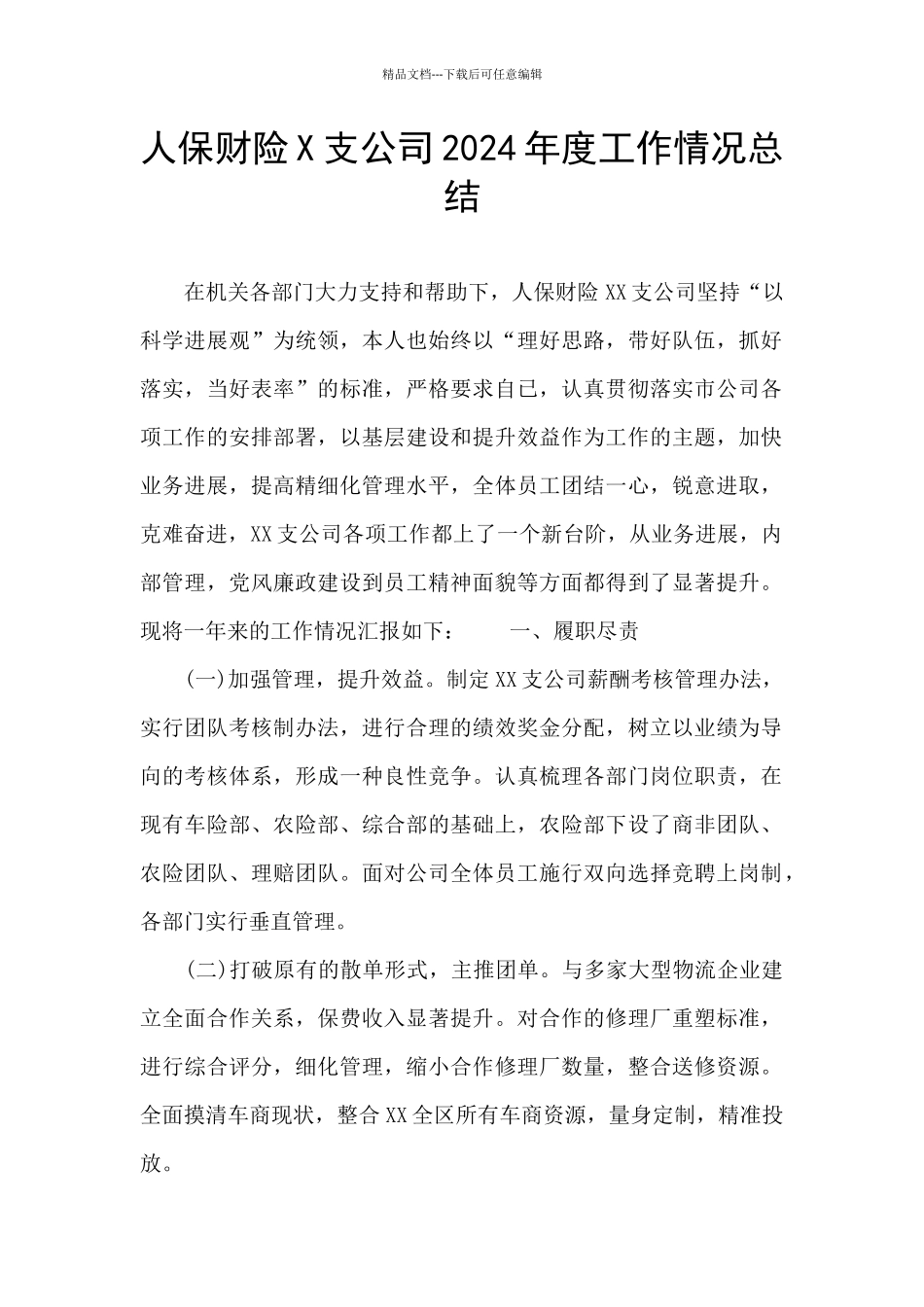 人保财险X支公司2024年度工作情况总结_第1页