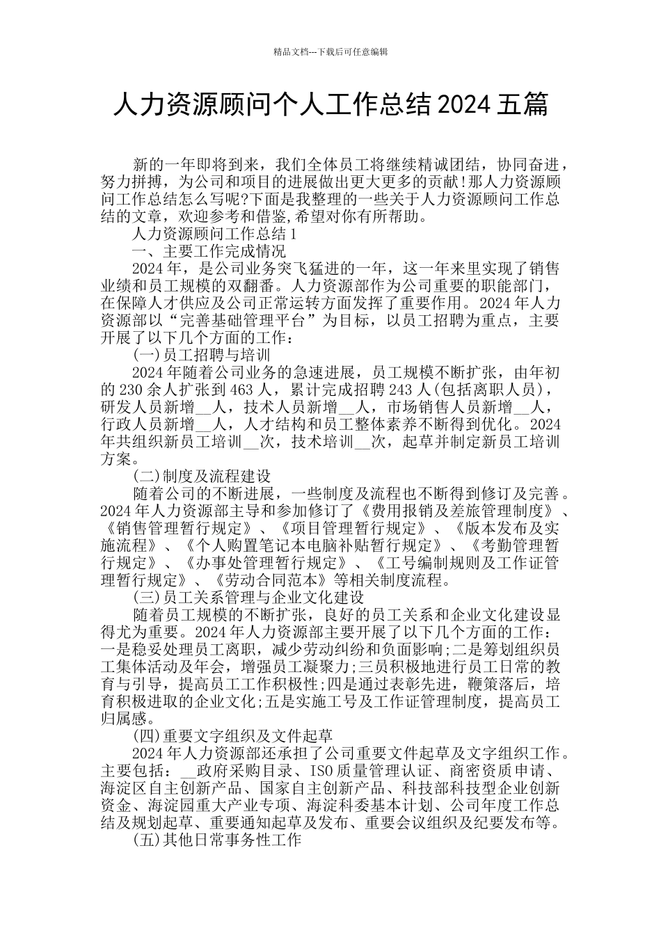 人力资源顾问个人工作总结2024五篇_第1页