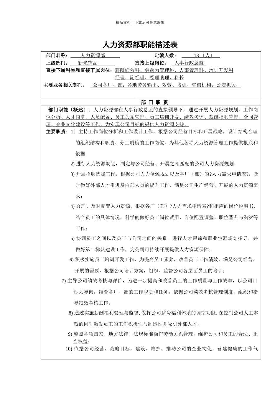 人力资源部职能描述表_第1页