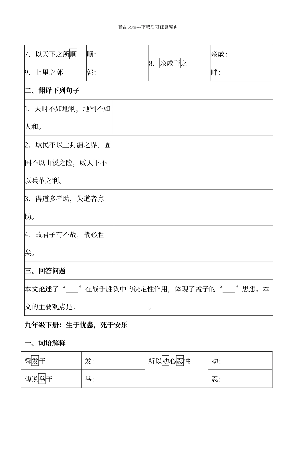 人教版语文九年级下册文言文、古诗词背诵、文学常识复习_第3页