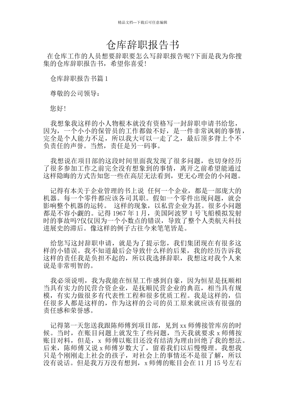 仓库辞职报告书_第1页