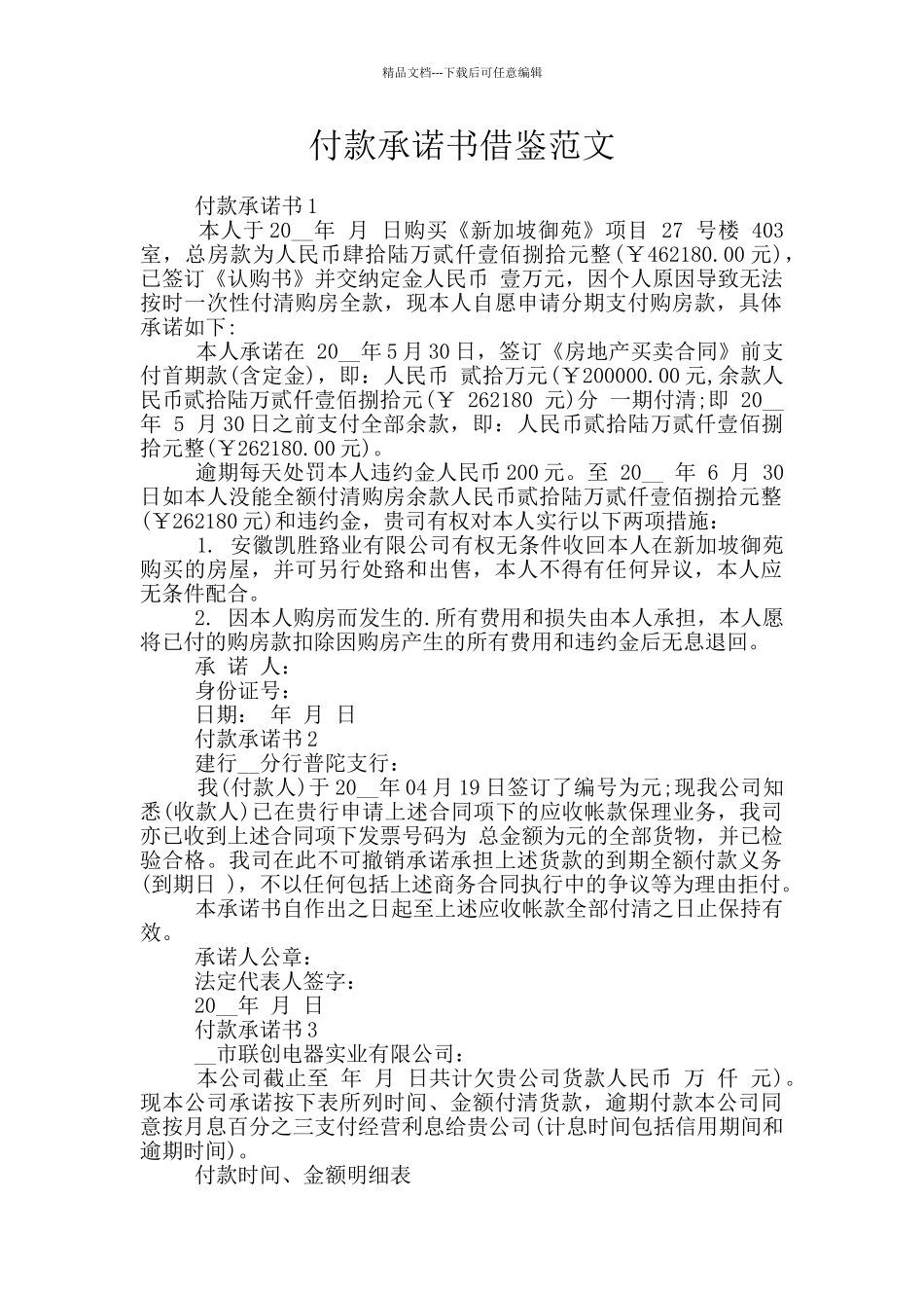 付款承诺书借鉴范文_第1页