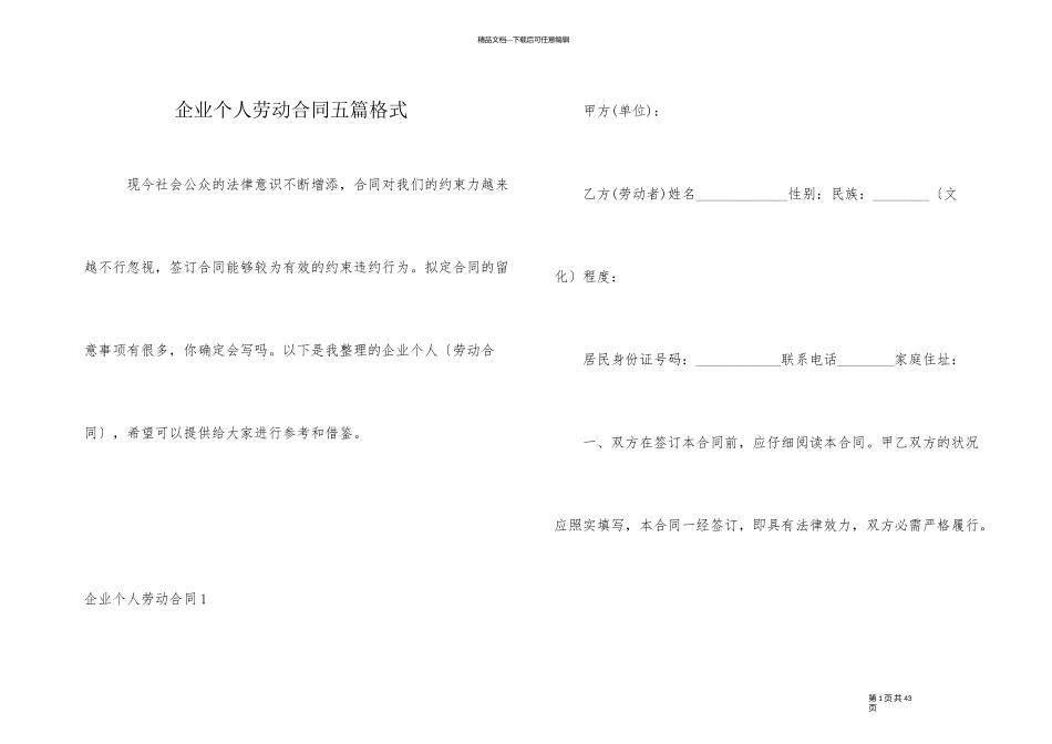 企业个人劳动合同五篇格式_第1页