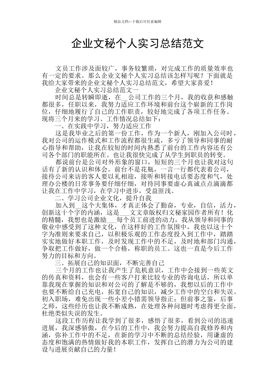 企业文秘个人实习总结范文_第1页