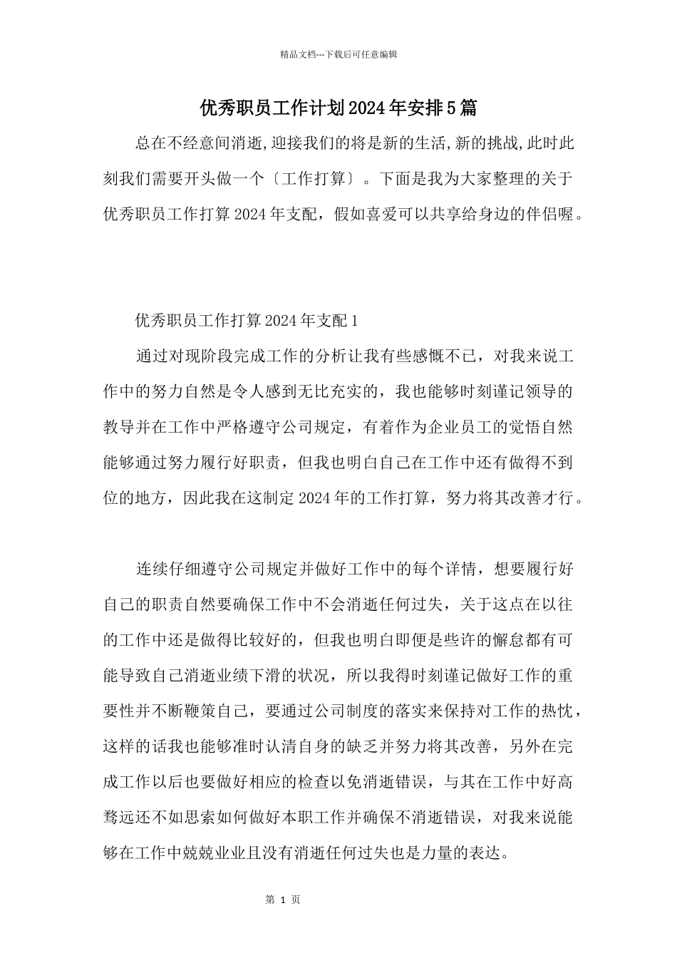 优秀职员工作计划2024年安排5篇_第1页