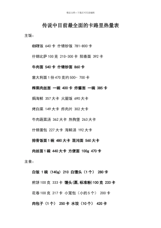 传说中目前面的卡路里热量表