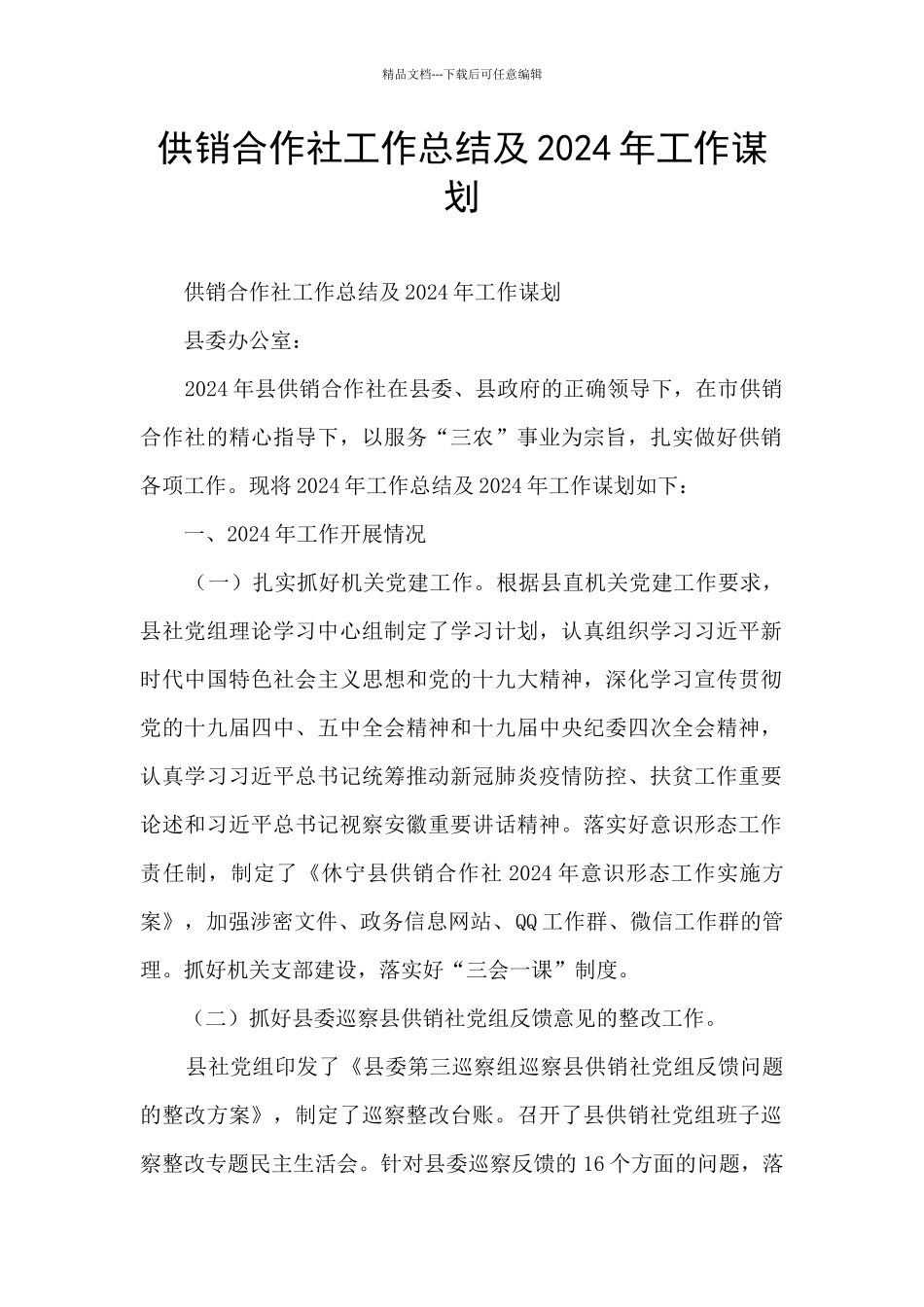 供销合作社工作总结及2024年工作谋划_第1页