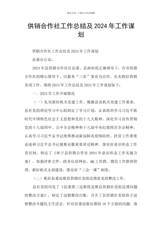 供销合作社工作总结及2024年工作谋划