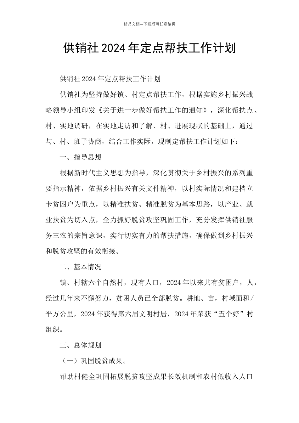 供销社2024年定点帮扶工作计划_第1页