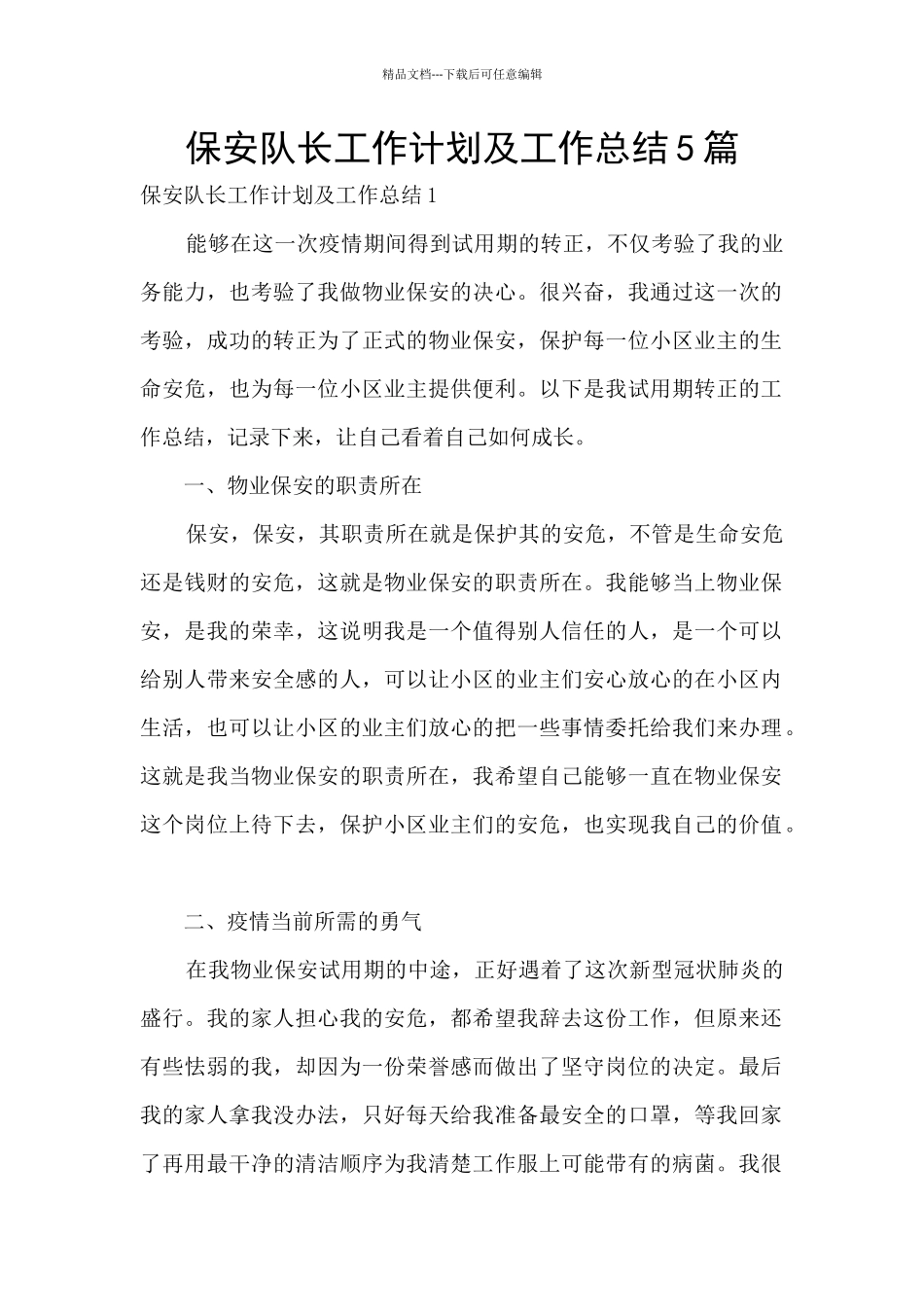 保安队长工作计划及工作总结5篇_第1页