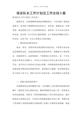 保安队长工作计划及工作总结5篇