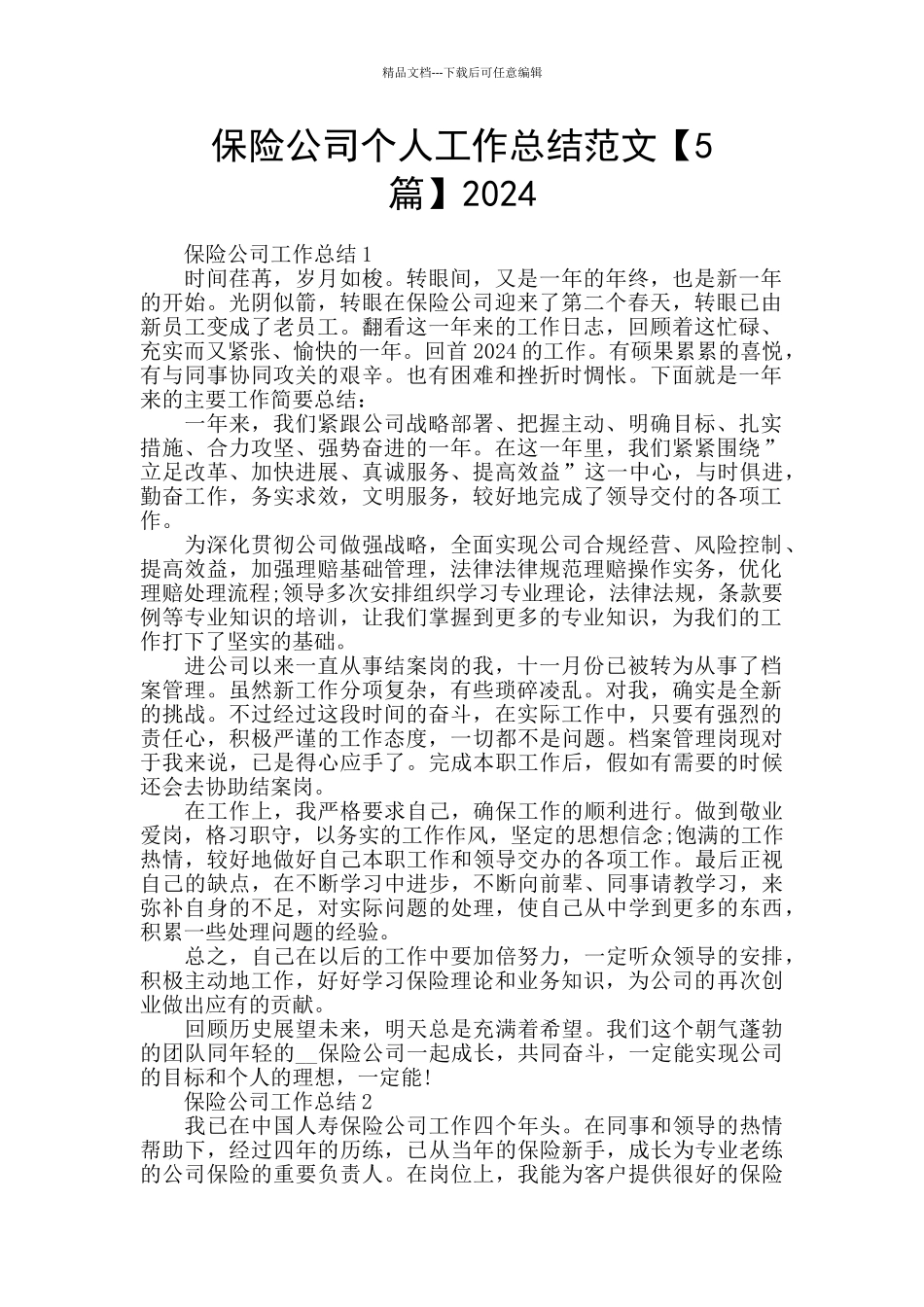 保险公司个人工作总结范文2024_第1页