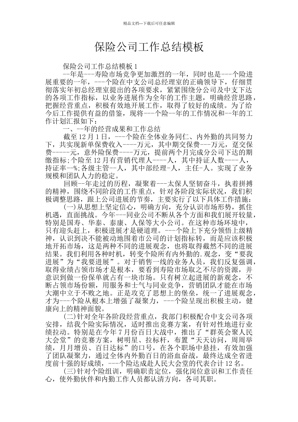 保险公司工作总结模板_第1页