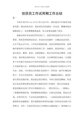 信贷员工作试用期工作总结
