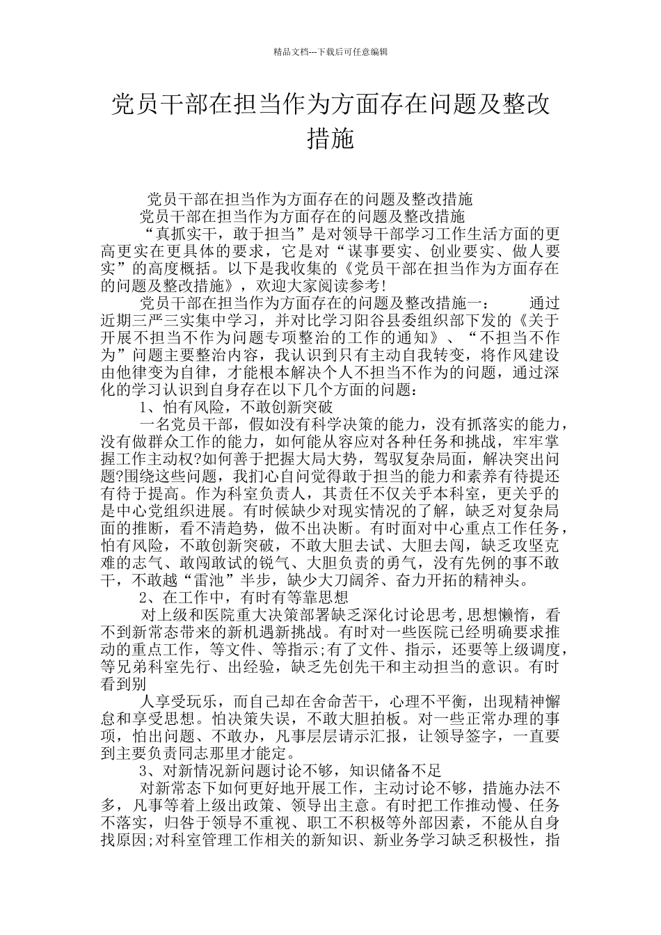 党员干部在担当作为方面存在问题及整改措施_第1页