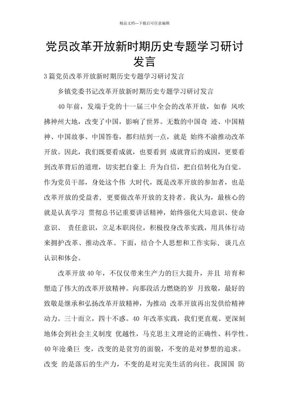 党员改革开放新时期历史专题学习研讨发言_第1页