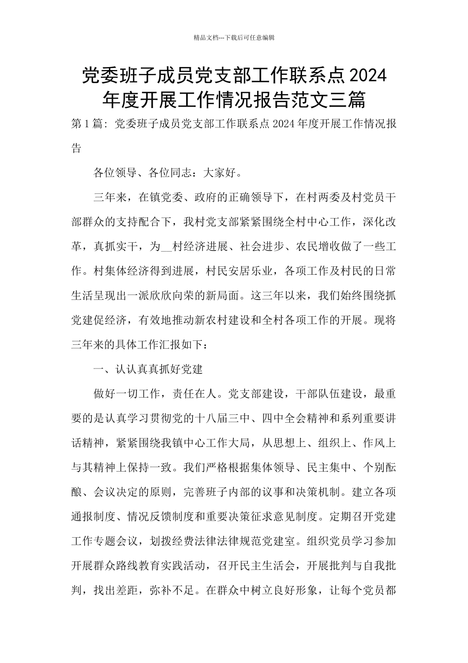 党委班子成员党支部工作联系点2024年度开展工作情况报告范文三篇_第1页