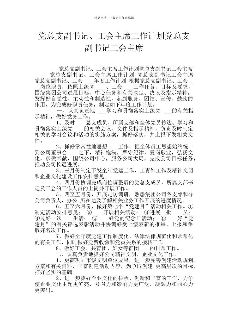 党总支副书记、工会主席工作计划党总支副书记工会主席_第1页
