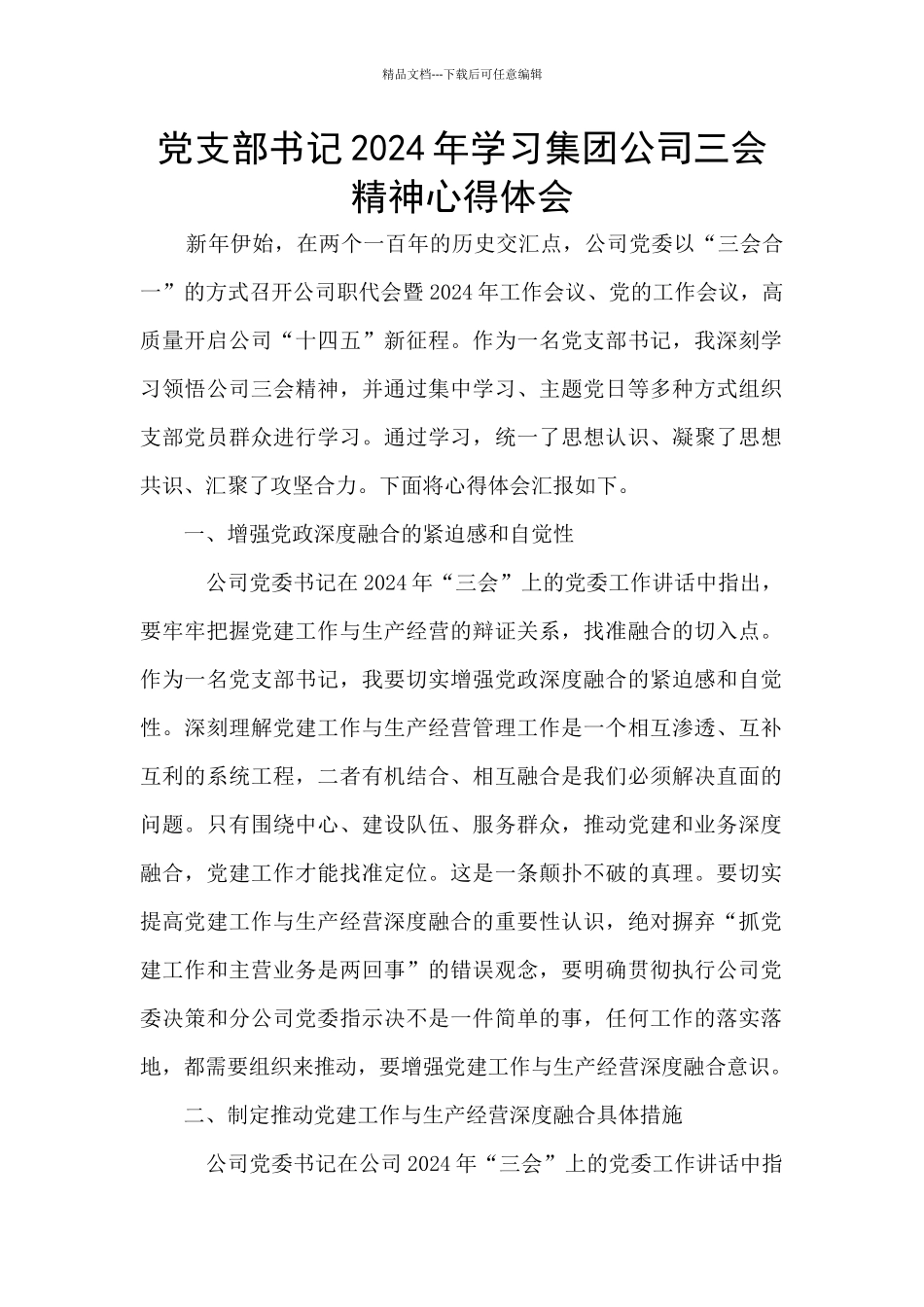 党支部书记2024年学习集团公司三会精神心得体会_第1页