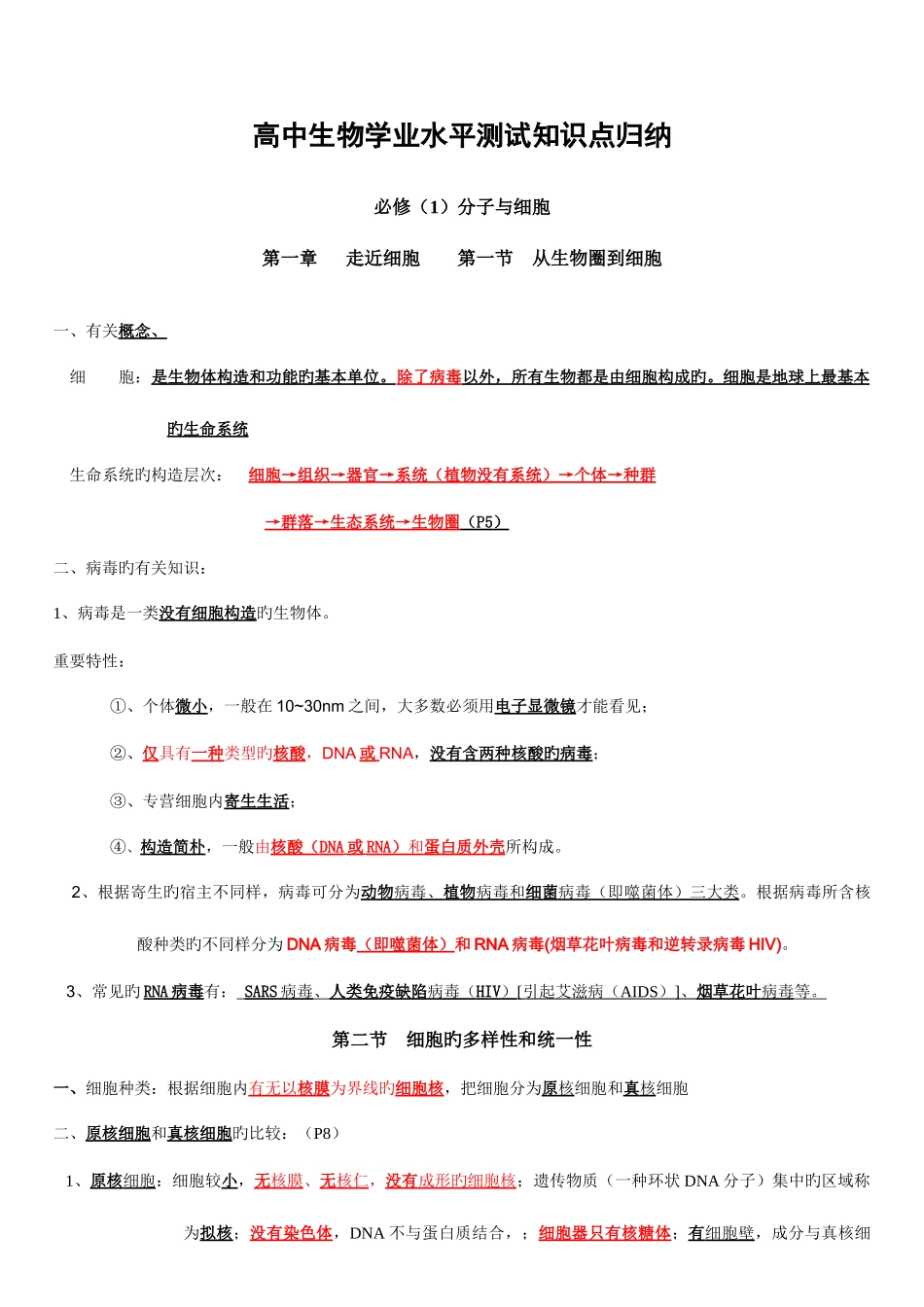 2025年高中生物学业水平测试知识点归纳_第1页