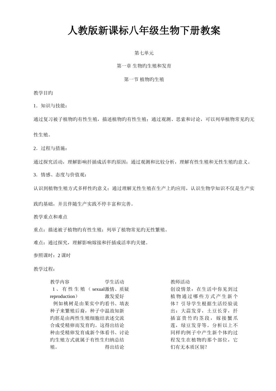 2025年新课标人教版八年级生物下册全册教案_第1页