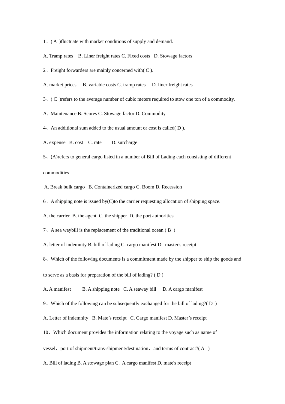 2025年货代英语期末考复习题库_第1页